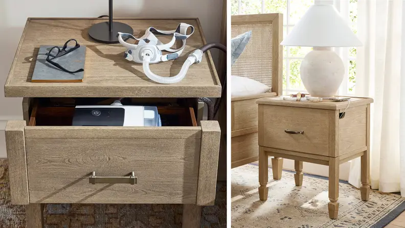 On left: a Farmhouse Nightstand with a CPAP machine on top. On right: a Sausalito Nightstand with a lamp on top.