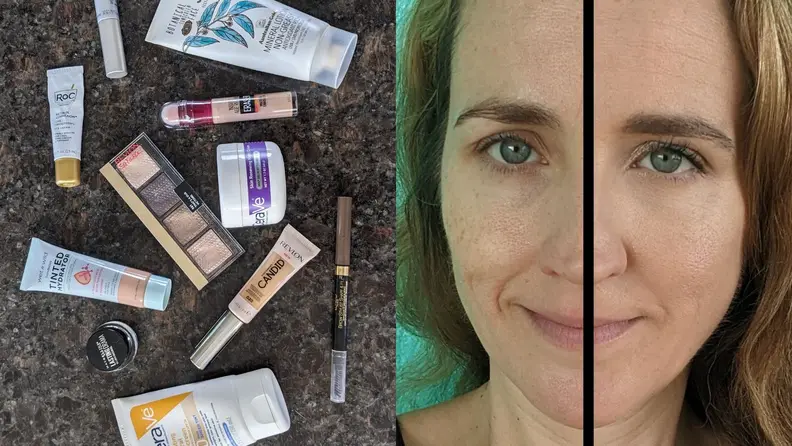 An array of the beauty products used and a face half made up, half bare