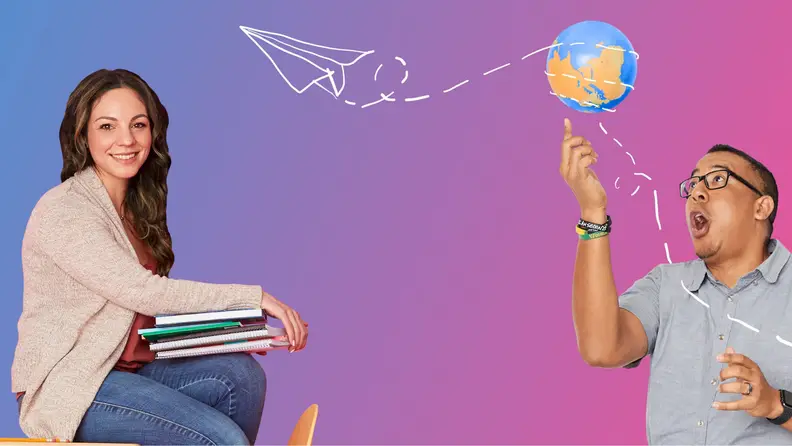 People smiling while holding books and globe.