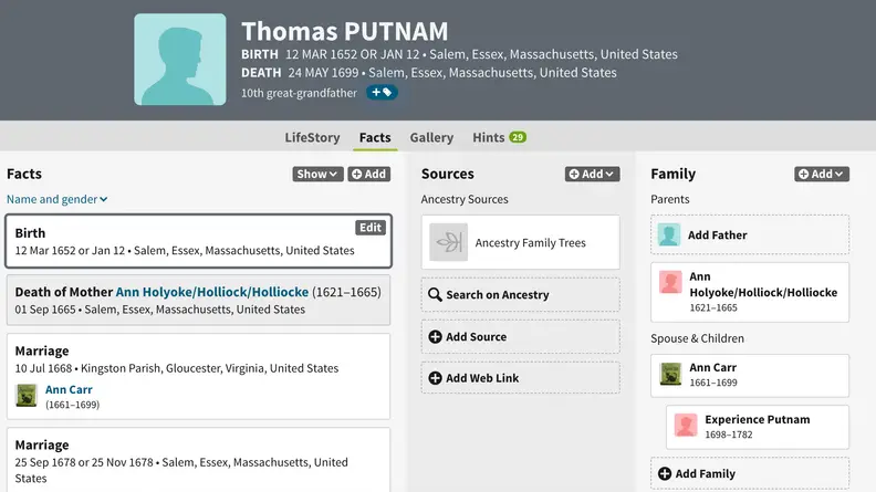 Screenshot of info on Thomas Putnam