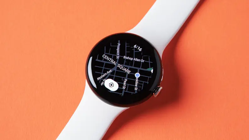 A Google Pixel Watch displaying its Google Maps interface.