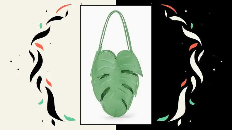 A green leather bag that resembles a palm leaf.