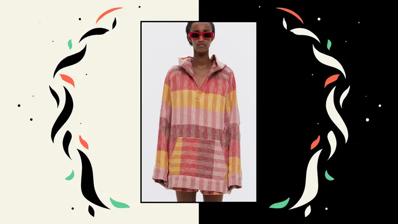 A multicolored printed boucle hoodie.