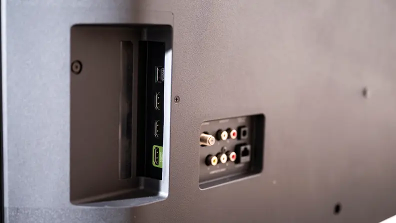The cutouts on the back of the 2021/2022 Vizio V-Series that house the TV's input selection