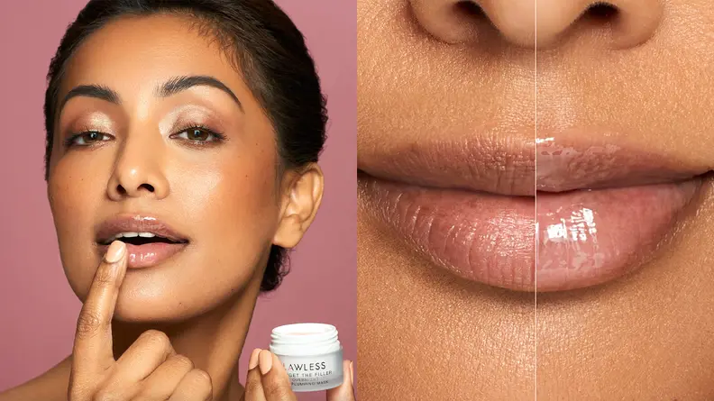 On the left: The model looking at the camera and using one hand to hold the white jar of lip balm and a finger on the other hand to apply it to the lips. On the right: A person's lips with lip mask on one side of their mouth and not on the other.