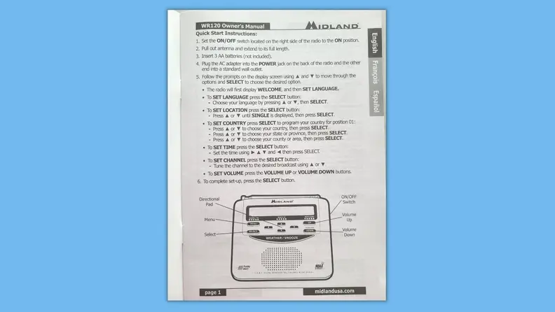 The instructions booklet for the weather radio.