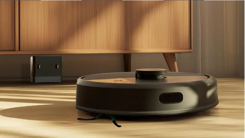 A black robot vacuum in a bedroom