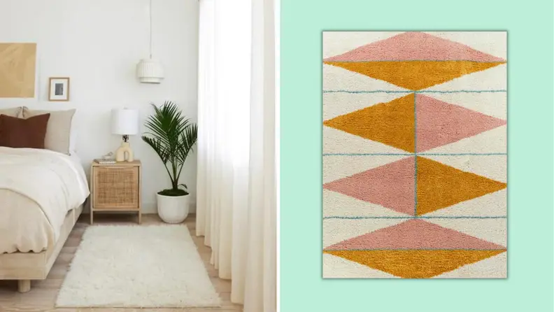 A bedroom staged with a shag carpet next to the bed. A shag carpet with a geometric pattern against a teal background.