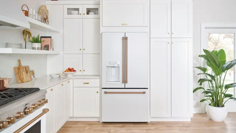 A white GE Cafe French door refrigerator