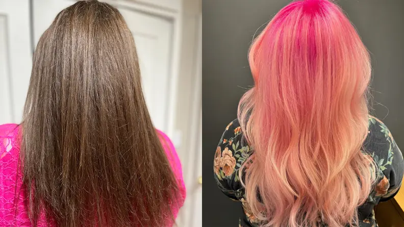 On the left: The back of someone's head with long, straight, dark blond hair. The back of a person's head with long, wavy, hair that goes from hot pink to pastel pink.