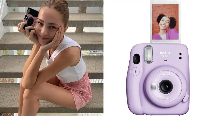 A person holds a disposable camera. An instant camera prints an image.