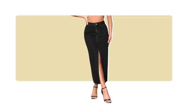 A black, ankle-length denim skirt with a high slit along the front.
