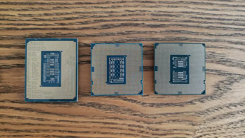 The underside of three computer processors