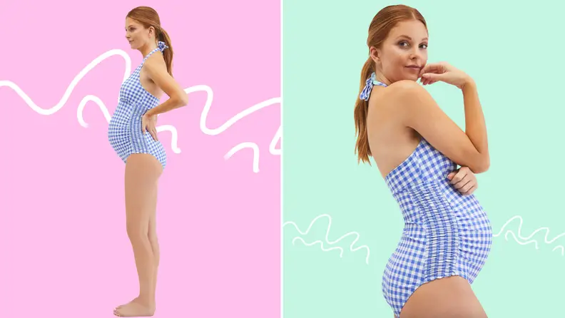 Pregnant model wearing blue and white gingham one-piece swimsuit.
