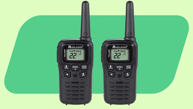 Two Midland X Talker T10 Radios on a green background