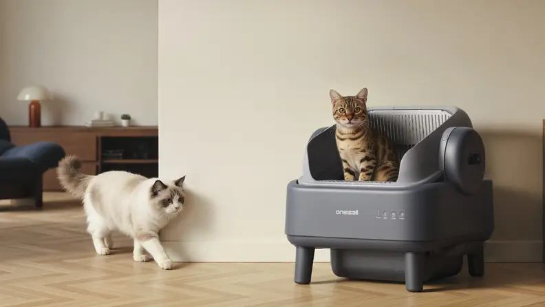 Two cats interact with a modern smart litter box in a minimalist living room, with one cat inside the unit and another approaching nearby.