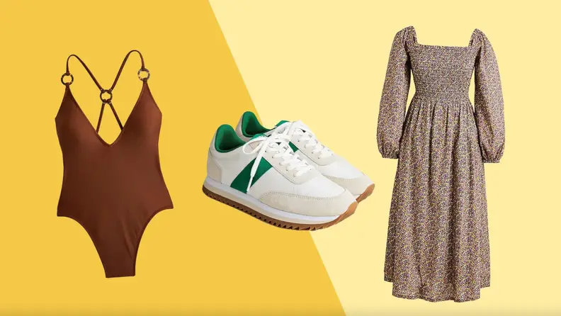 Women's one-piece swimsuit, sneakers and sundress.