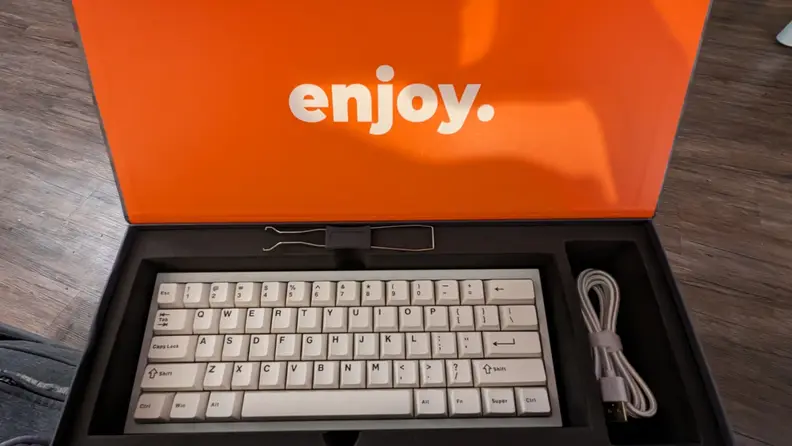 The CyberPowerPC K60 Keyboard inside its packaging.
