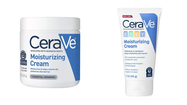 On the left: A large tub of moisturizer. On the right: A squeeze tube of moisturizer.