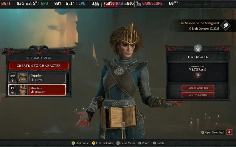 Diablo 4 running on the steam deck with a sorcerer character at the selection screen