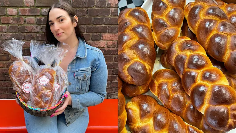 Left: Dolly Meckler, founder of the challah company Challah Dolly, holds packaged loaves of challah. Right: A close-up photo of beautifully browned challah loaves.