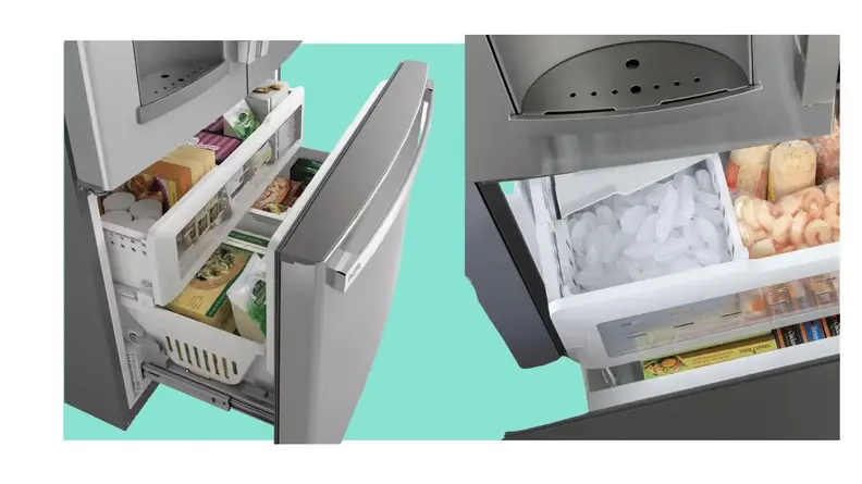 On right, side view of the 2 levels of storage within the bottom drawer on the GE Profile PYE22KYNFS French-Door Refrigerator. On right, close up of ice bucket inside of the bottom freezer drawer.