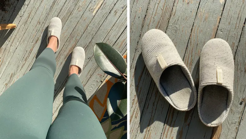 A photo of the author wearing gray slippers with green tights and also a photo of the slippers on a wood floor.