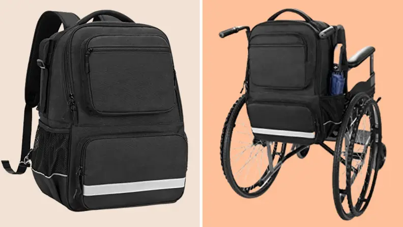 Closeup of bag, back view of back on wheelchair