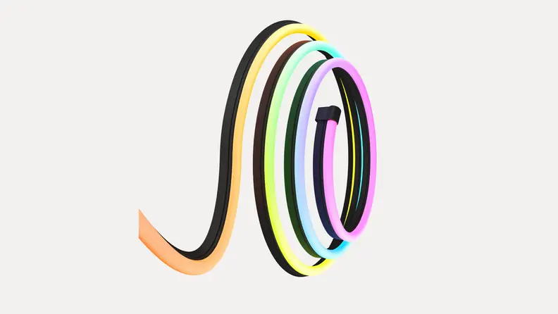 A rope of multicolored light coils over a grey Reviewed background.