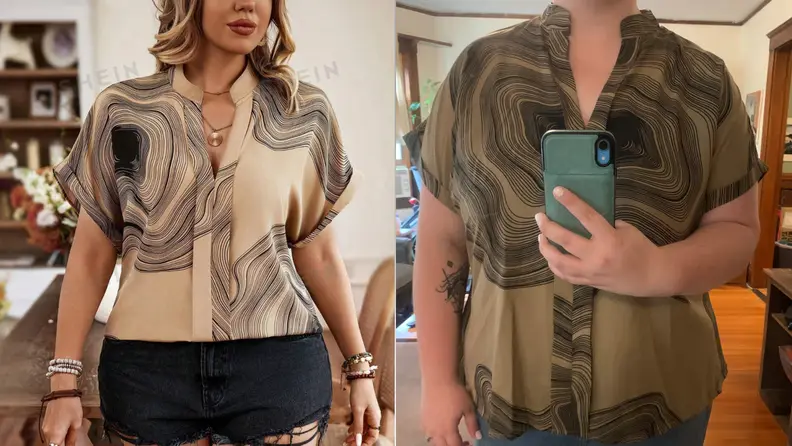 model wearing a shirt and then our tester wearing the same shirt