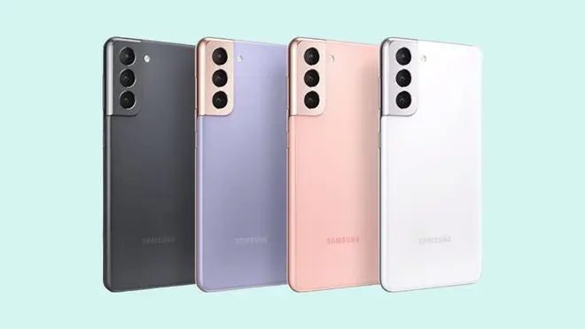 Four multicolored Samsung cell phones against a blue backdrop.