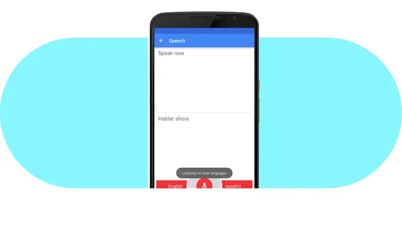 Smartphone with language dictation application on screen.
