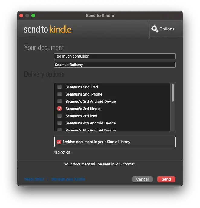 The Send to Kindle Mac OS interface