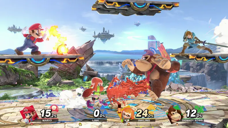 Mario, Link, Donkey Kong, and the Splatoon Inkling duke it out on a small cobblestone platform in the sky.