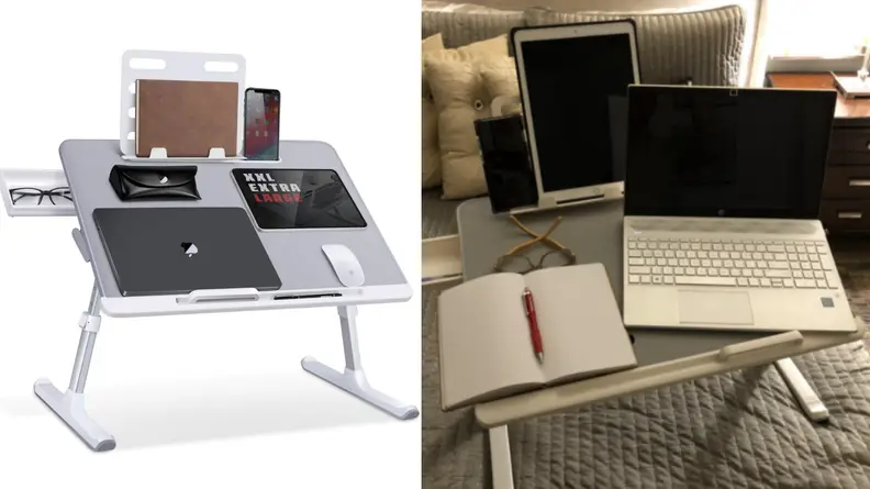Saiji lap desk on white background / Saiji lap desk on a bed with laptop and notebook on it.