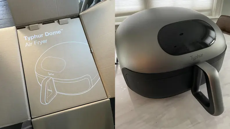 A Typhur Dome Air Fryer packaging box next to the Typhur Dome Air Fryer.