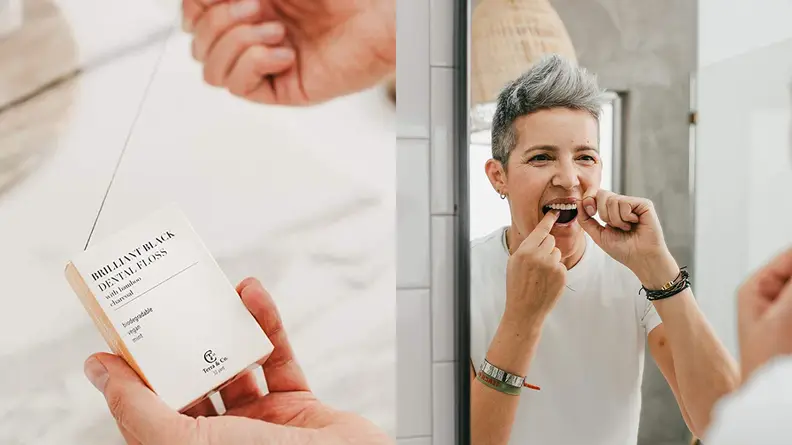 On the left: Someone's hand pulling dental floss out of a cardboard container. On the right: A person flossing.