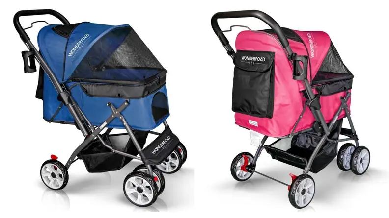 stroller in blue and bright pink on white background