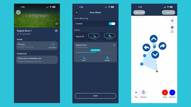 Three iPhone screen displays showing Irrigreen app features against a bright blue background.