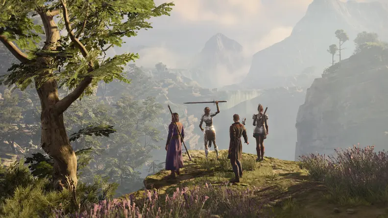 A baldur's gate party on a cliff overlooking a city