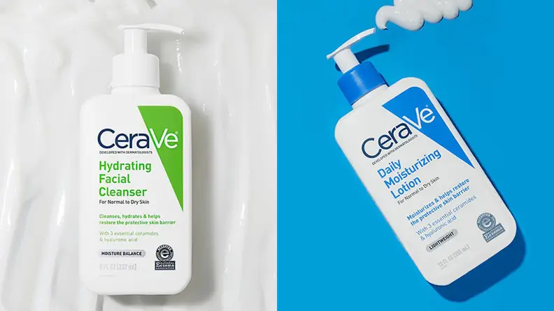 On the left: A pump bottle of cleanser. On the right: A pump bottle of moisturizer on a blue background.