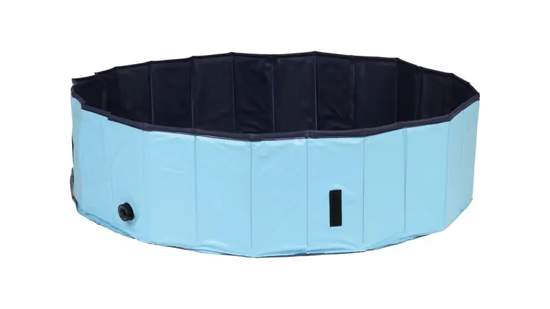 A dog swimming pool with a light blue exterior and dark blue interior is photographed on a white background