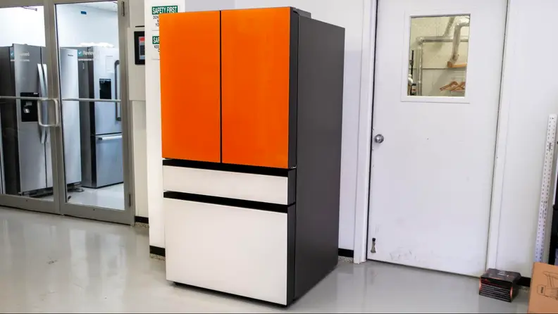 The Samsung Bespoke RF29BB8600AP French-door refrigerator set up outside our fridge testing lab.