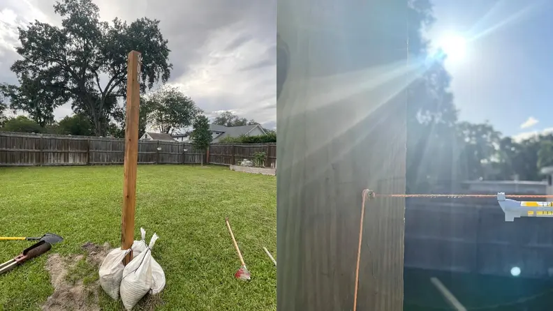 Side-by-side shots of wooden posts installed on the ground for a shade sail.