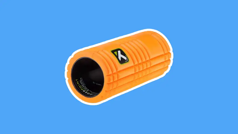 An orange Trigger Point GRID Foam Roller on a blue background.