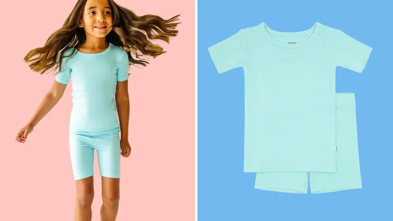 Girl wearing Little Sleepies PJ set next to a blue set