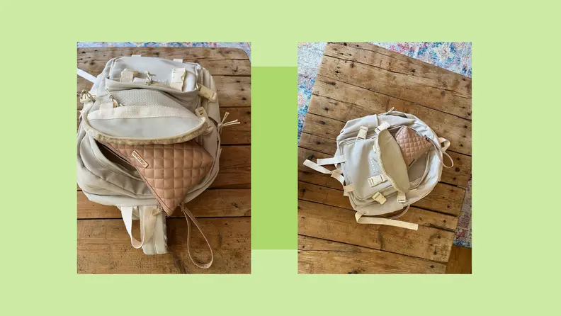 Small toiletry bag inside of school backpack.