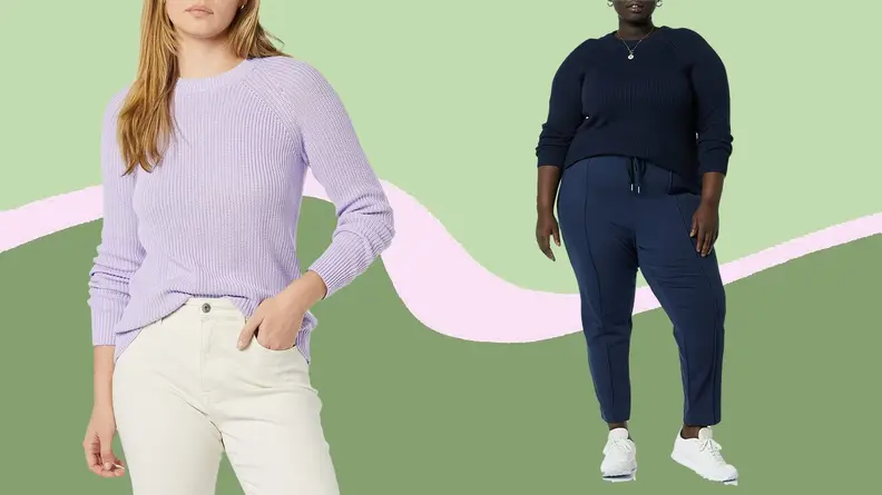 A woman in a lilac sweater and a woman wearing the same sweater in navy
