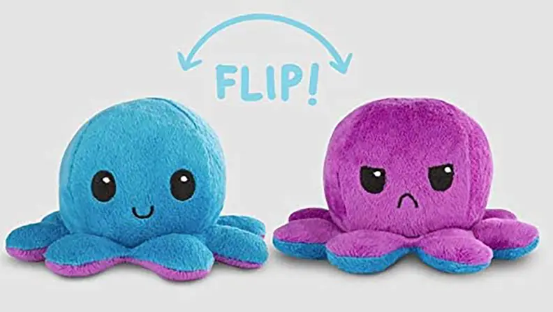 Happy blue and angry purple octopus plushies.