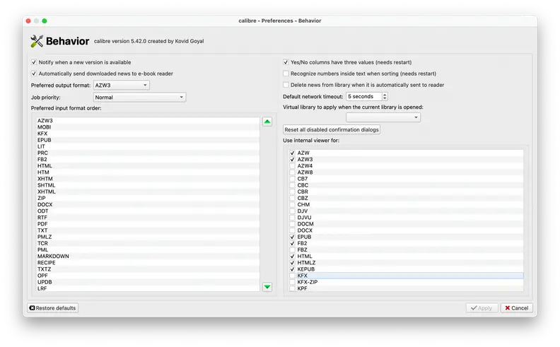 Screenshot of Calibre's preferences settings.